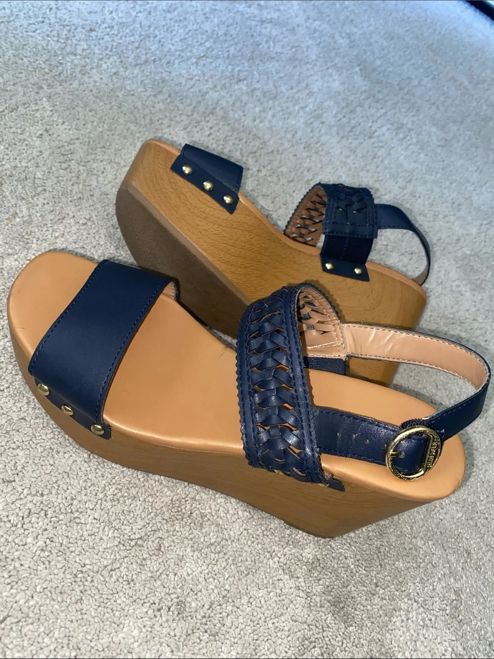 Tommy Hilfiger Platform Wedges Sandals Womens 7.5M Blue Gold Logo Strappy Boho